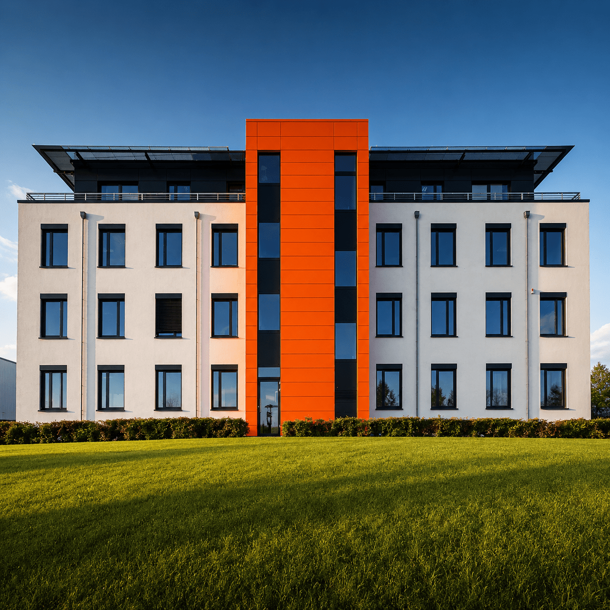 Moderne Gewerbeimmobilie mit orangefarbener Fassadenstruktur
